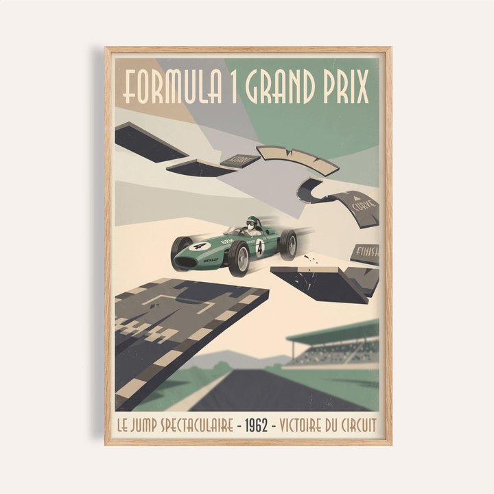 Overview of Formula 1 Vintage Art Print poster showing Grand Prix text and an open-wheel race car