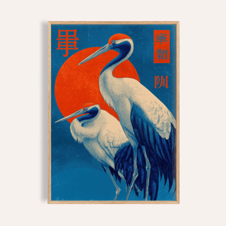 Framed Cranes Art of two red-crowned cranes with a large red sun on blue background