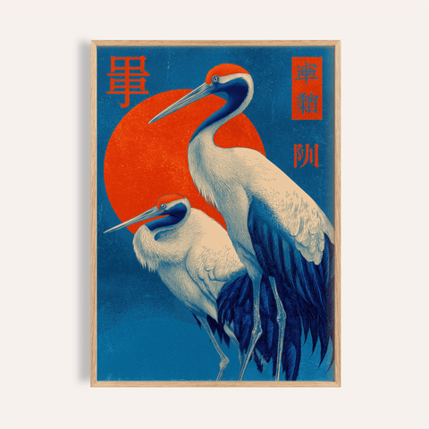 Cranes Art Print in Red, Blue, and White for living room wall art