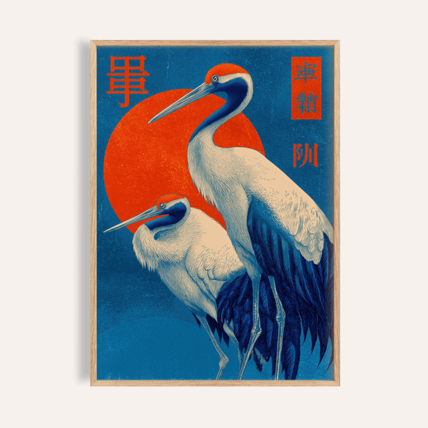 Cranes Art Print in Red, Blue, and White for living room wall art