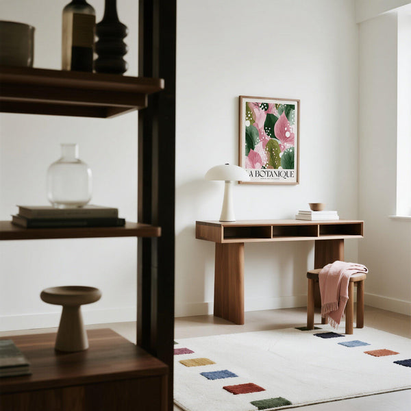 Floral abstract print featuring overlapping botanical forms in pink and olive tones.