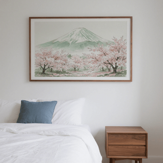 Watercolor landscape poster of Japan’s sacred mountain and blooming cherry trees