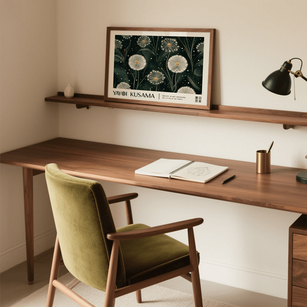 Emerald green wall art with deep green and gold botanical details