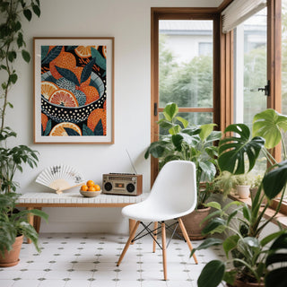 Graphic orange art print with citrus in a black patterned bowl.