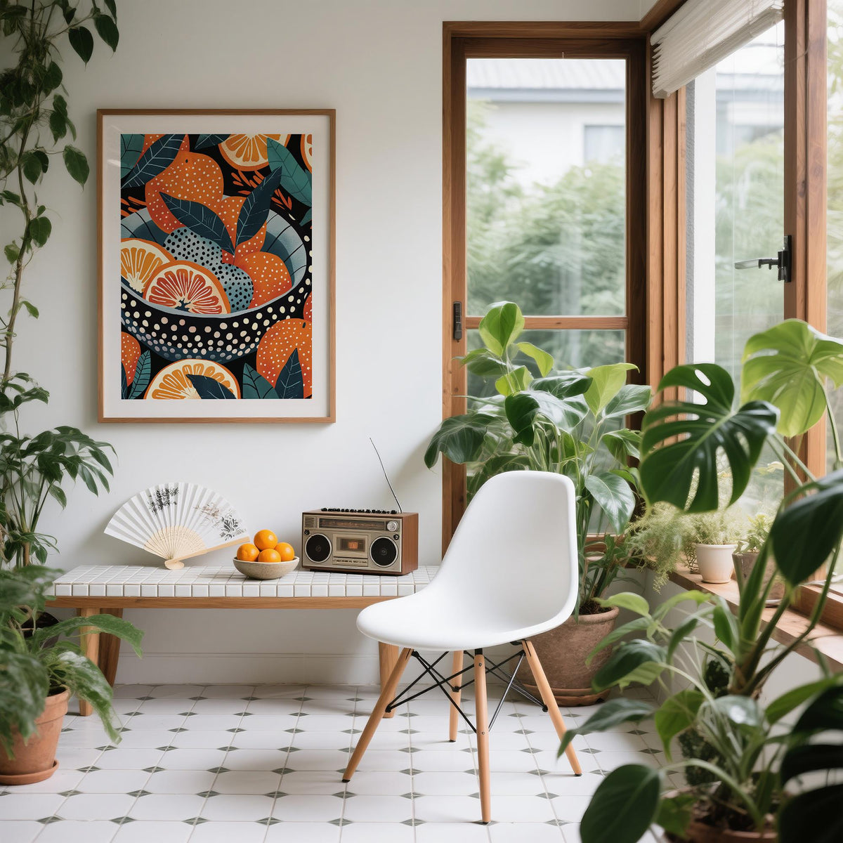 Graphic orange art print with citrus in a black patterned bowl.