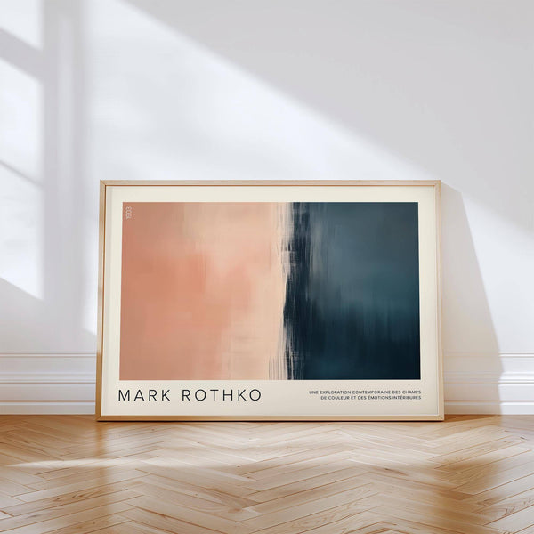 Subtle tonal blend featured in peach navy color block wall art
