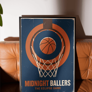 Front-view Basketball Game Wall Art with hoop, ball, and "MIDNIGHT BALLERS" text in a Blue and Orange palette