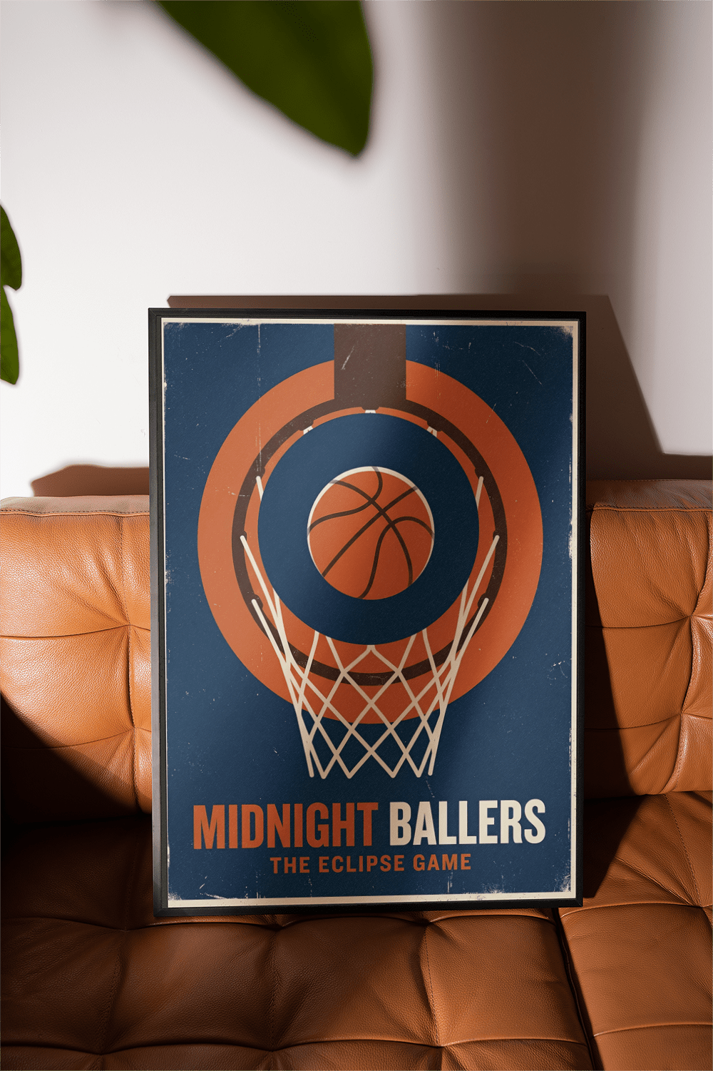 Front-view Basketball Game Wall Art with hoop, ball, and "MIDNIGHT BALLERS" text in a Blue and Orange palette