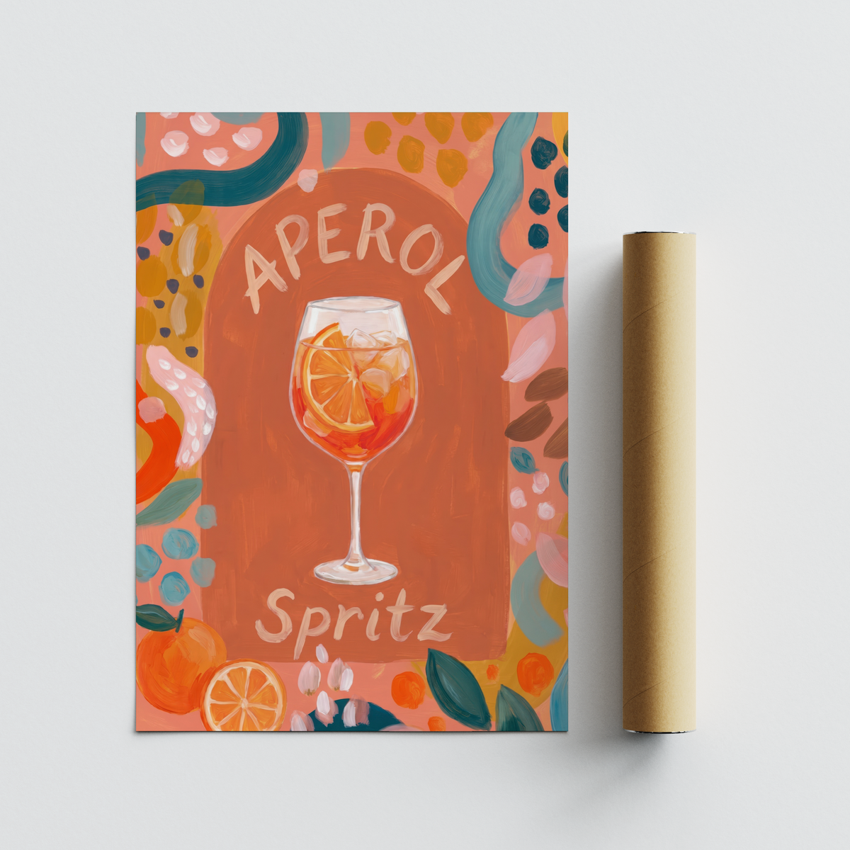 Displaying Aperol Spritz Art Print wall decor with stemmed glass, ice, and fruit accents