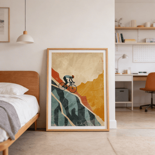 Dynamic bike rider wall art print with faceted peaks and open sky