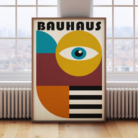 Modern Bauhaus Poster Art in mustard, teal, and maroon for minimalist decor