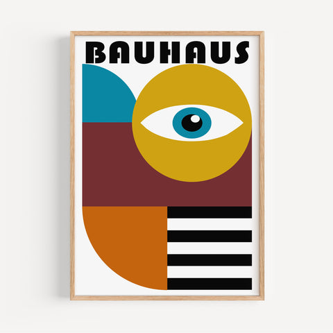 Modern Bauhaus Poster Art in mustard, teal, and maroon for minimalist decor