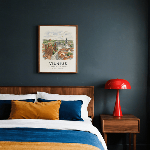 Framed view of Vilnius City Print leaning against a wall on shelf