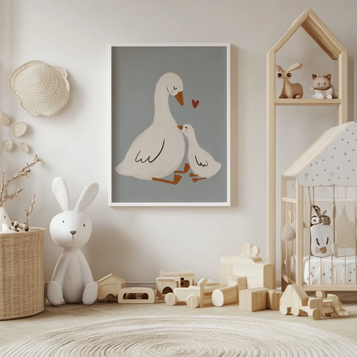 Depicting minimalist geese illustration poster with central motif and negative space