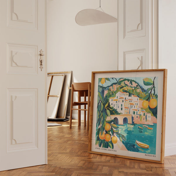 Colorful harbor with boats in a vibrant Amalfi Coast Painting.