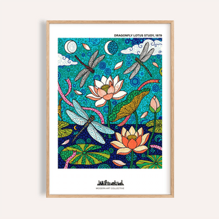 Dragonfly Lotus Art Print poster with dragonflies flying above lotus flowers