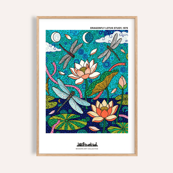 Dragonfly Lotus Art Print poster with dragonflies flying above lotus flowers