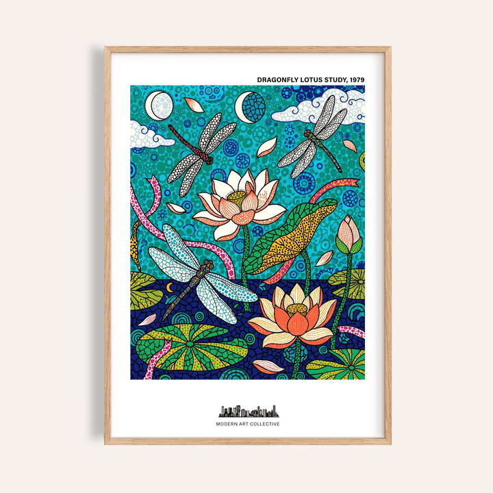Dragonfly Lotus Art Print poster with dragonflies flying above lotus flowers