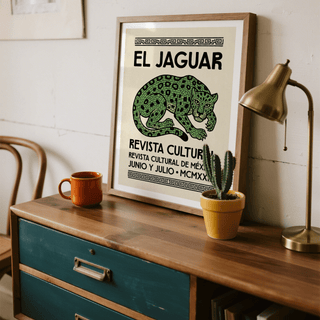 Close-up of jaguar illustration showing mosaic linework and spotted coat