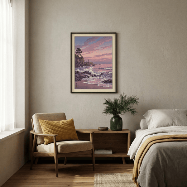 Wall print of ocean surf, diagonal rock formation, and low horizon seascape