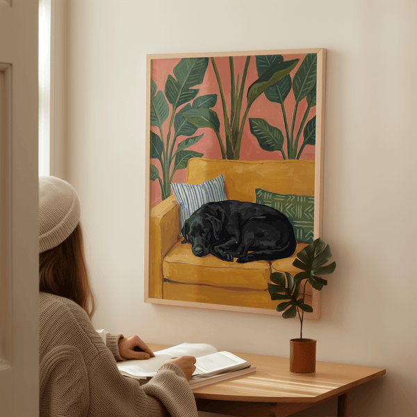 Modern home Black Lab Wall Art in Yellow, Black, Green for hallway, wall art