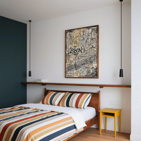 Sketch-style Lisbon city map wall art showing Alfama Baixa Chiado and Castelo labels