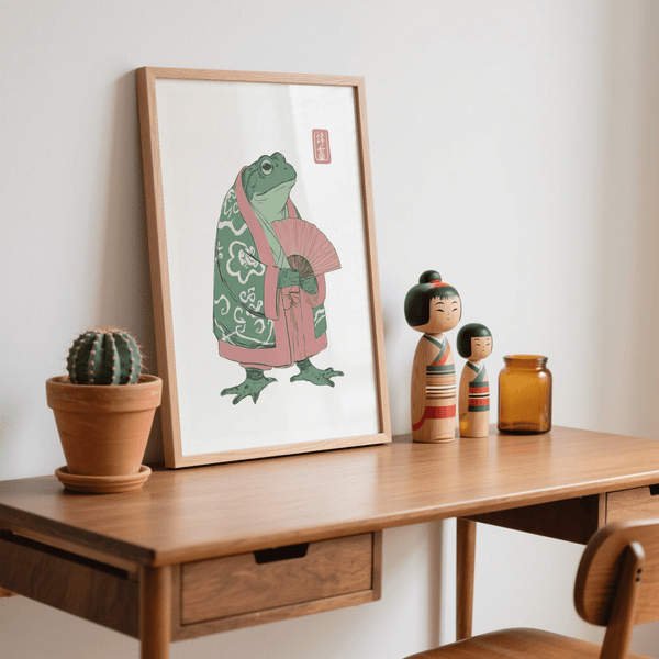 Frog Art Print featuring a frog in traditional-style robe holding an open fan