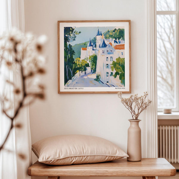 Neuschwanstein Castle print framed by green forest in medieval castle art style.