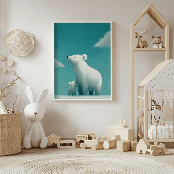 Polar Bear Print with blue and white palette for bedroom wall art