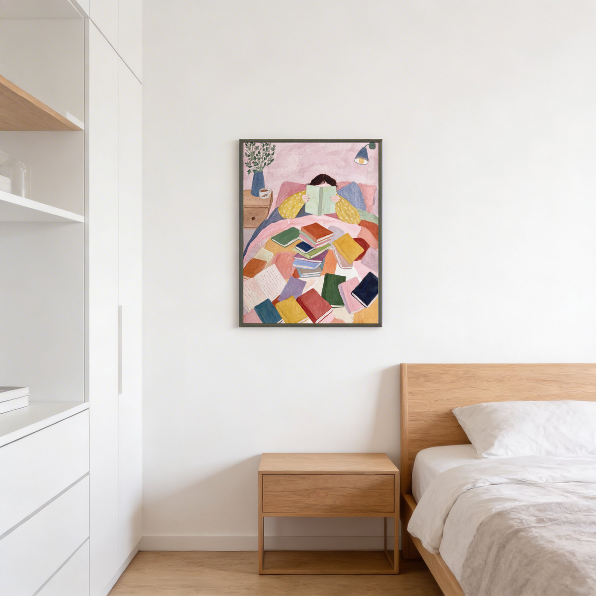 Textured watercolor Woman Reading in Bed Art Print with lamp, pillows, and book stacks