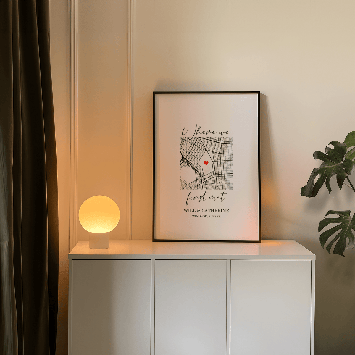 Heart on Map Print detailed map illustration for White and Black wall decor