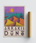 Textured sci-fi desert wall art print with stacked dunes, two suns, and oversized title lettering