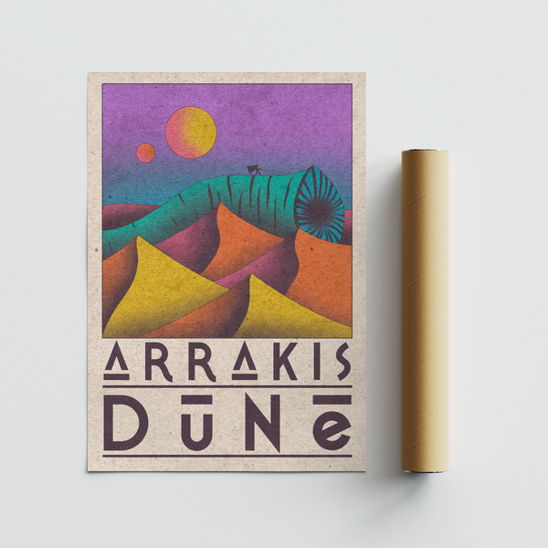 Textured sci-fi desert wall art print with stacked dunes, two suns, and oversized title lettering