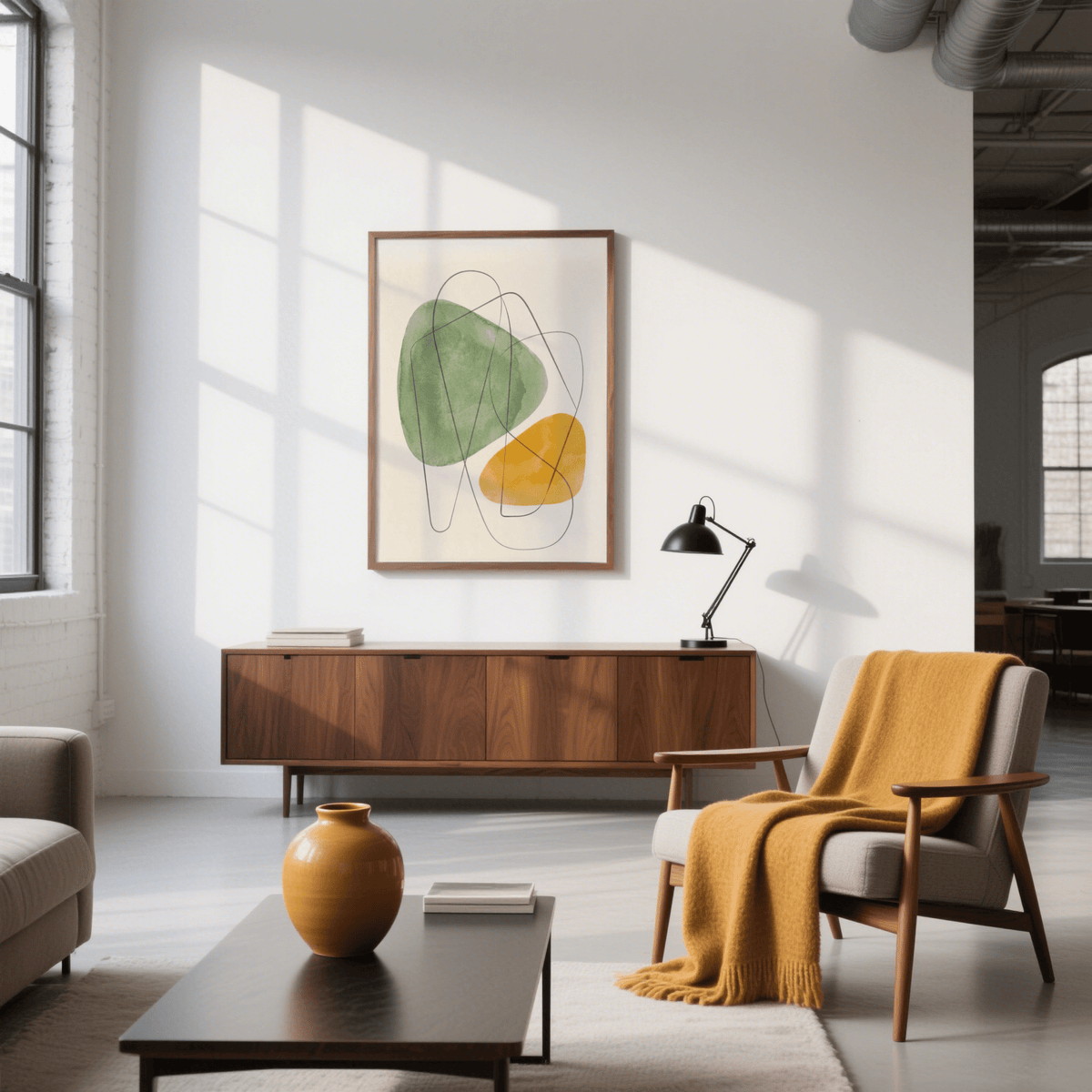 Bold Abstract Watercolor Art piece in Green and Yellow for living area