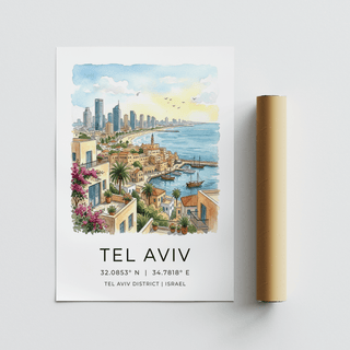 Tel Aviv Art Print with watercolor city skyline, boats in the harbor, and coordinate text