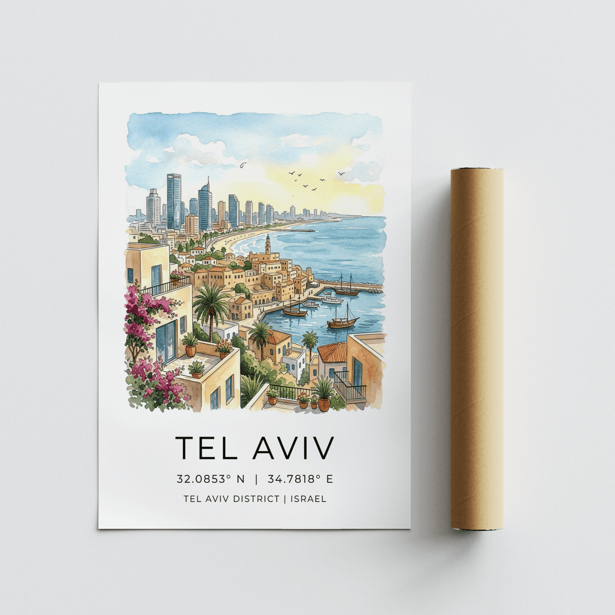 Tel Aviv Art Print with watercolor city skyline, boats in the harbor, and coordinate text