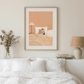Woman Reading Book Art poster in Pink, White, Beige, Orange for cozy living room