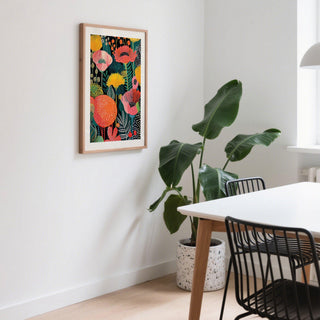 Vivid wall art flower scene with layered poppies and bright foliage in a colorful composition.