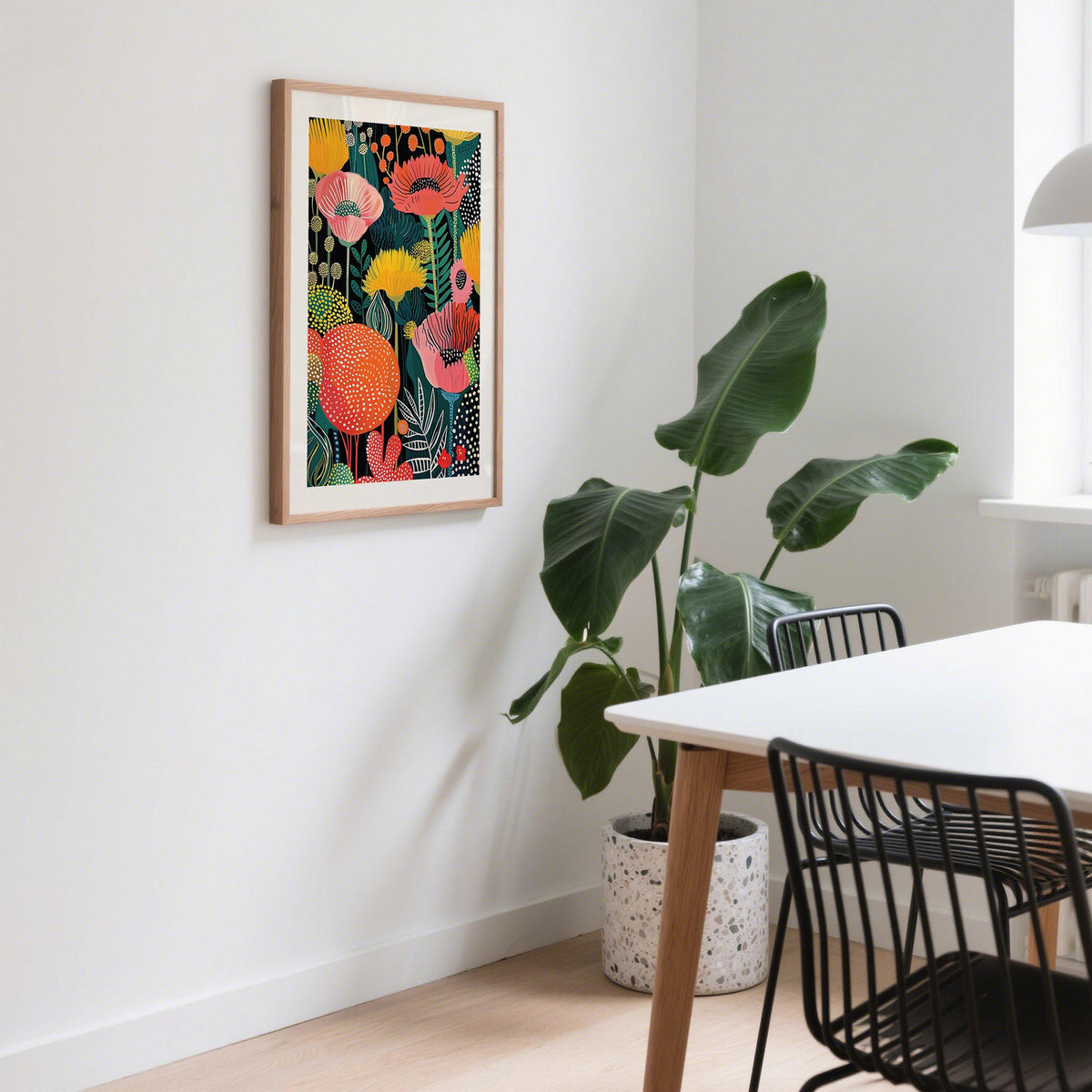 Vivid wall art flower scene with layered poppies and bright foliage in a colorful composition.