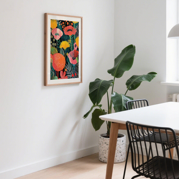 Vivid wall art flower scene with layered poppies and bright foliage in a colorful composition.