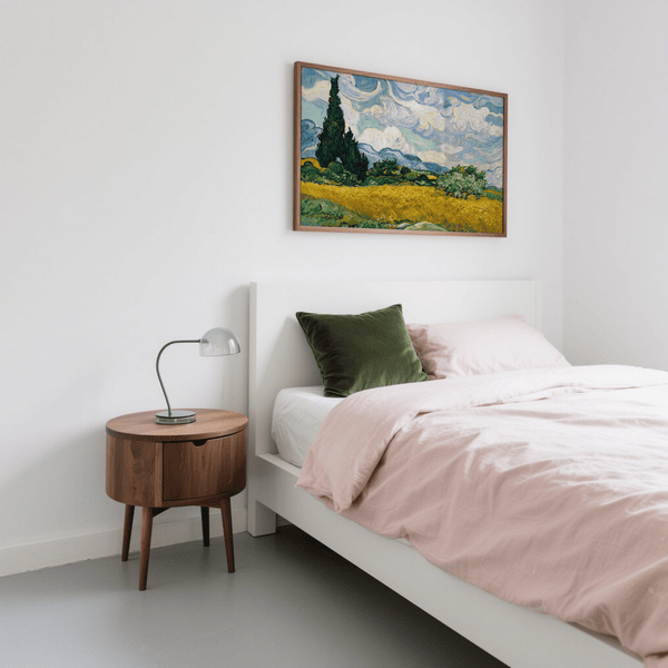 Cypress Tree Landscape wall art, Green foreground, Yellow fields for guestroom