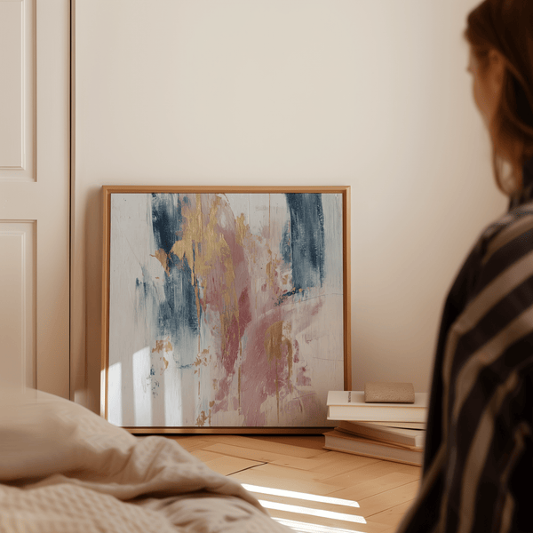 Pink Abstract Square Art canvas displaying Pink, Blue, Gold in nursery