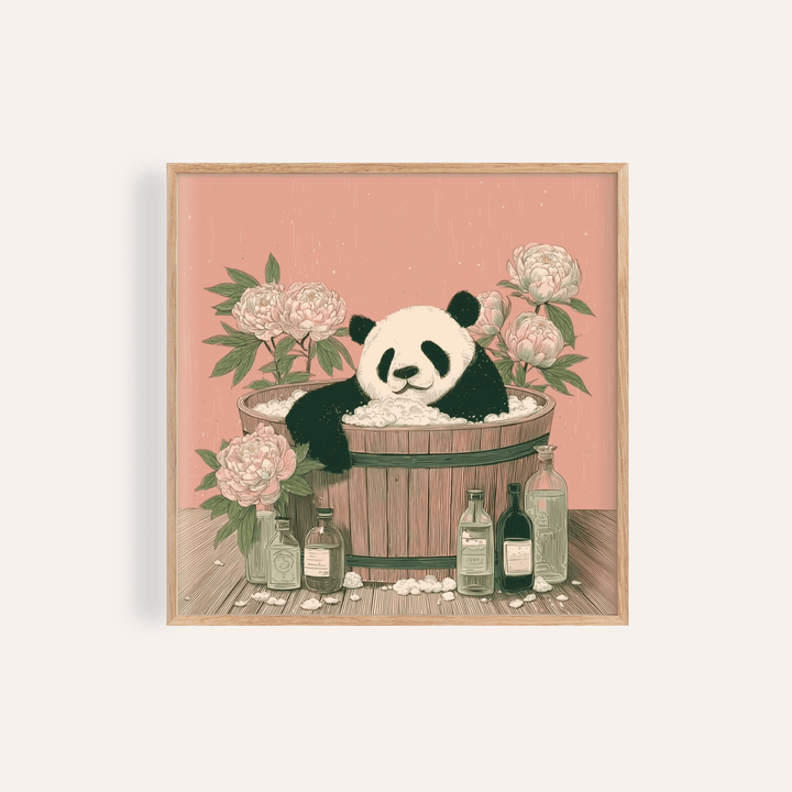 Panda Bath Print in Brown and Gray for nursery wall art