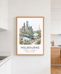 Sketch-style Melbourne City Art Print with geometric building and tram