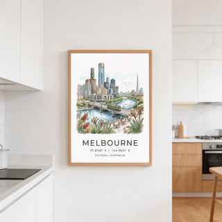 Sketch-style Melbourne City Art Print with geometric building and tram