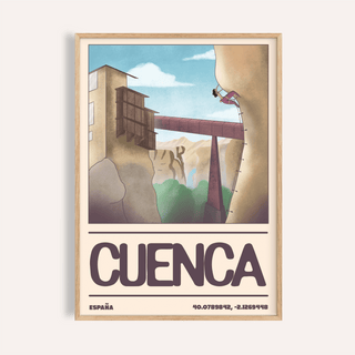 Framed print of a rock climbing poster showing climber on cliff with a red bridge and blue sky