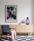 Modern leaf art prints featuring green, ivory, and violet tones