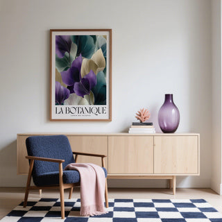 Modern leaf art prints featuring green, ivory, and violet tones