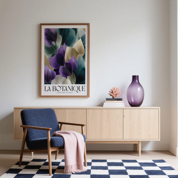 Modern leaf art prints featuring green, ivory, and violet tones