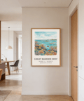 Ocean landscape poster with reef patches, distant islands, and seabirds